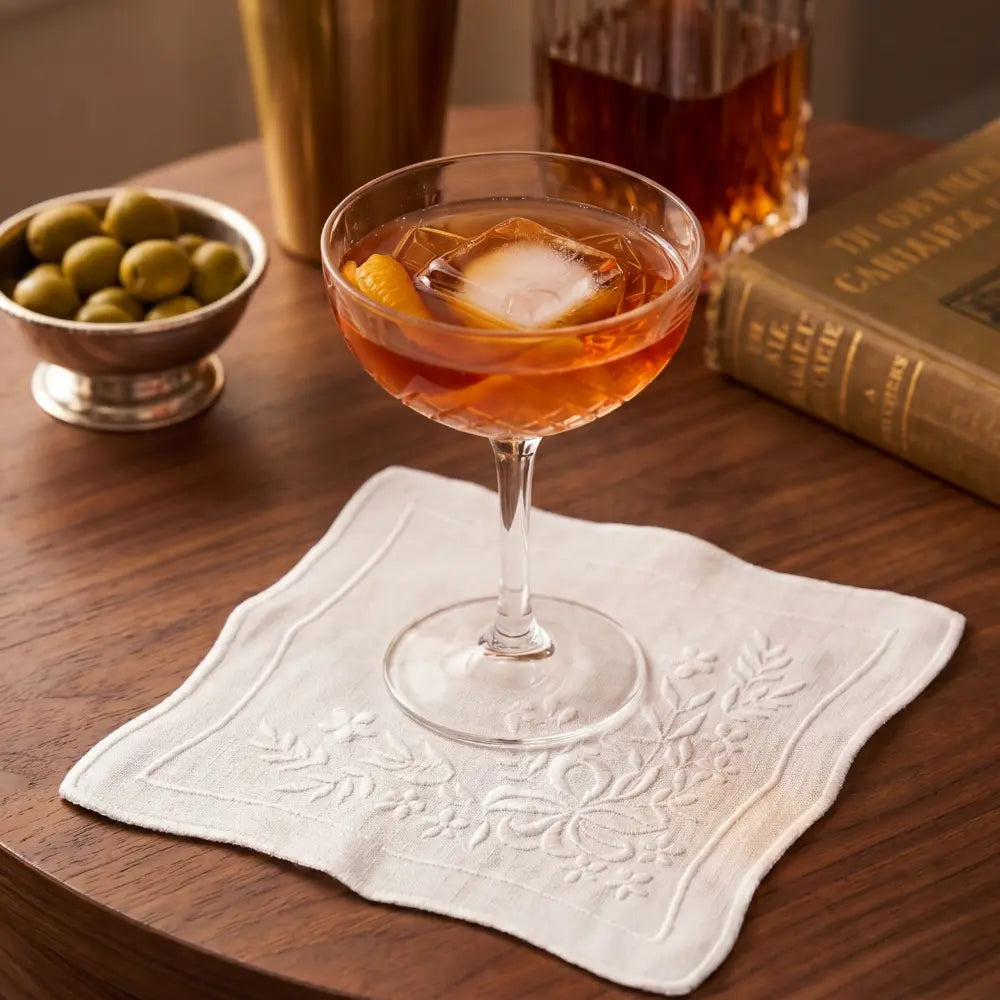 White Vintage Pure Linen Coaster on Table Cloth