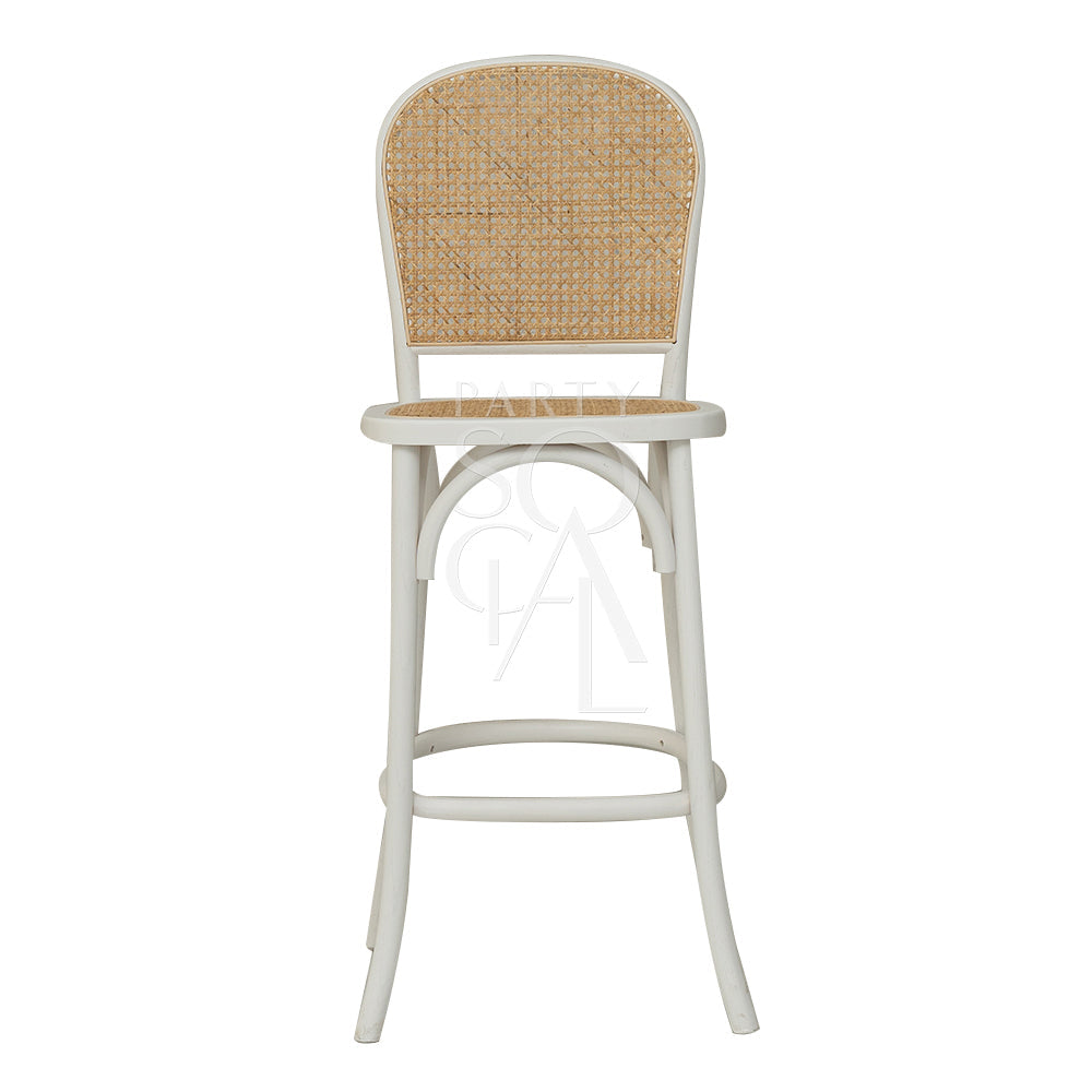 Wood Rattan Stool with wicker back and seat, ideal for weddings and events. Perfect for pairing with wooden tables, reflecting a vintage, authentic feel.