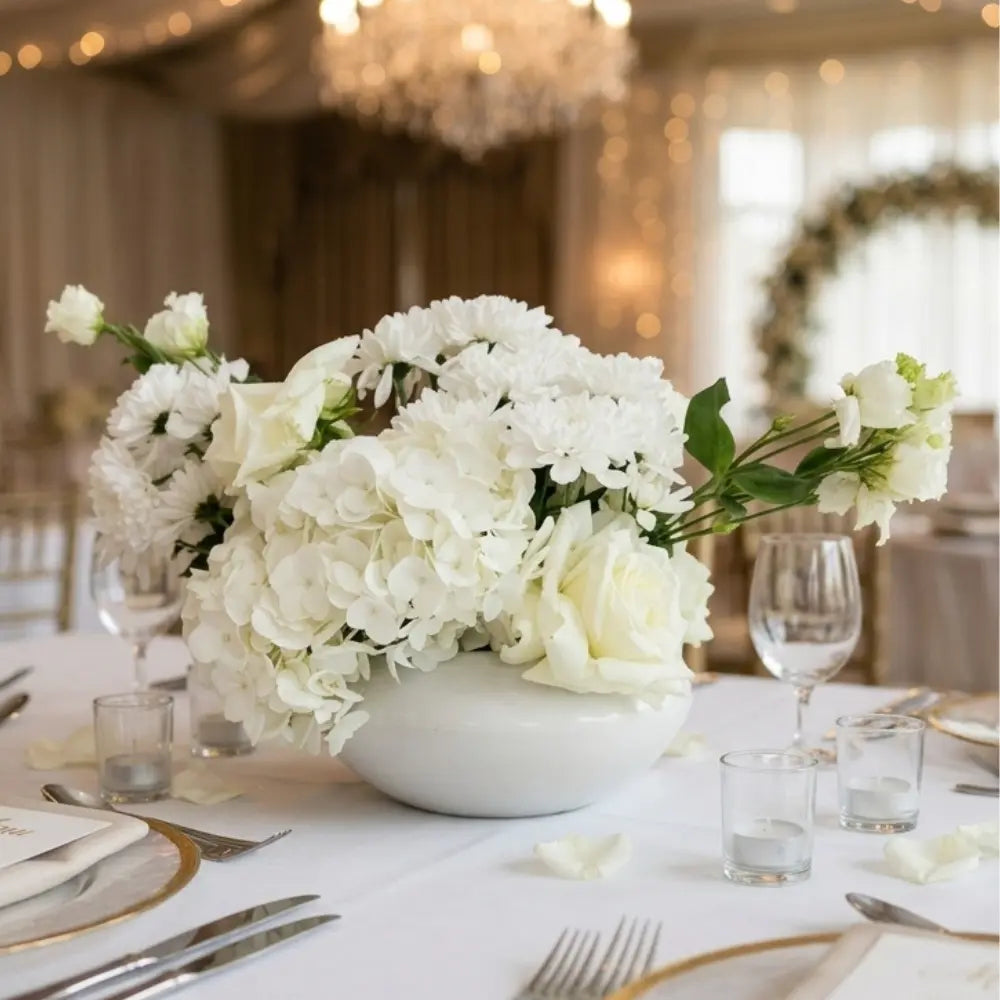 White floral arrangement in a vase on a elegantly set table with glasses and cutlery.