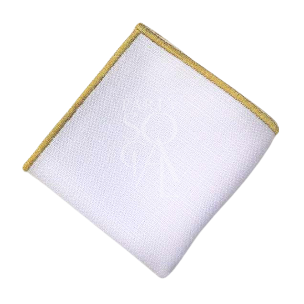 NAPKIN WHITE W/ LINE: A white linen blend napkin with gold trim, ideal for events. Personalization options available for weddings or corporate gatherings.