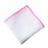 NAPKIN WHITE W/ LINE: A white and pink linen blend napkin with a stitched logo, ideal for personalizing events like weddings or corporate functions.