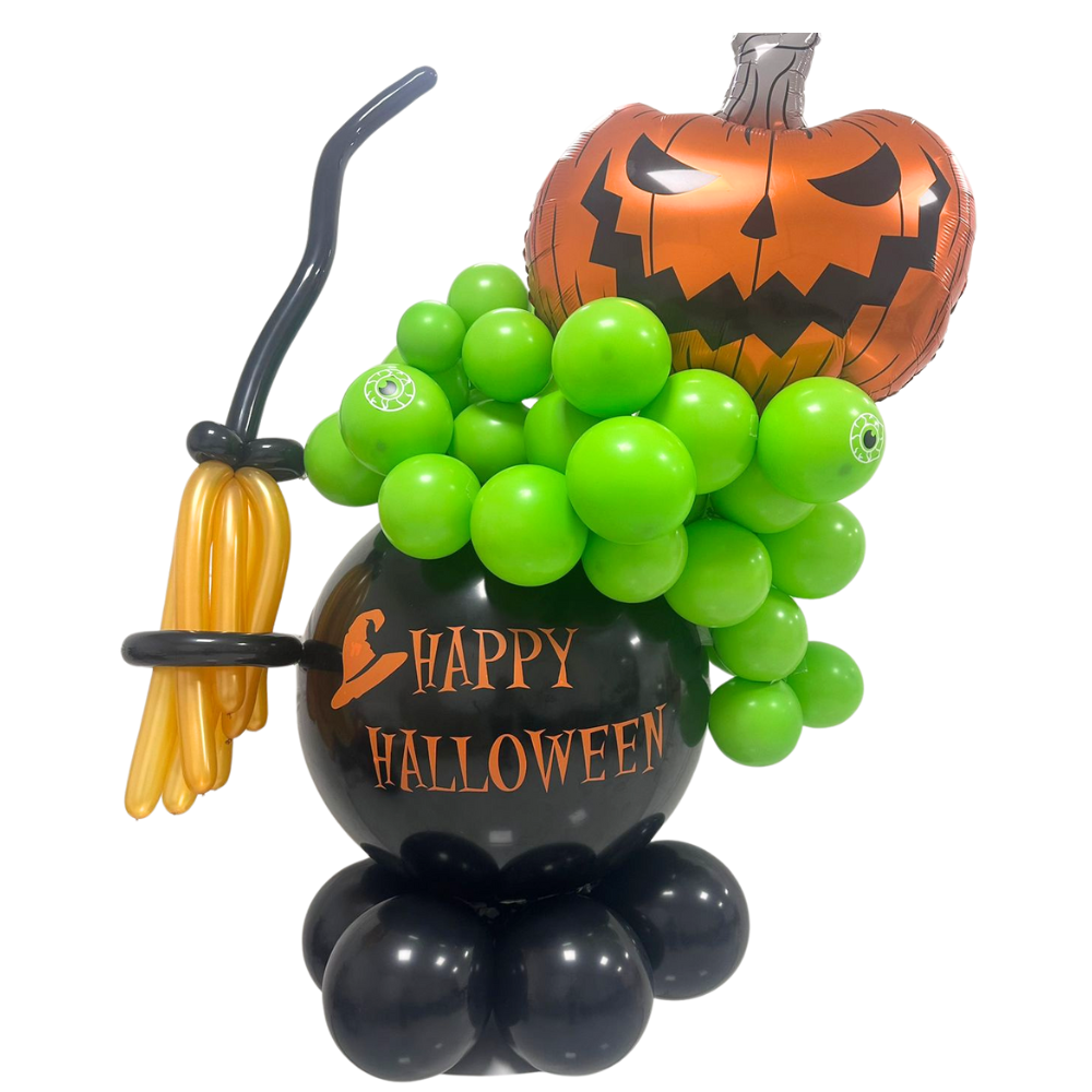 Witch Pot Balloon Stack: A Halloween-themed balloon arrangement featuring a lime green and black stack with a pumpkin, broom, and printed balloon.