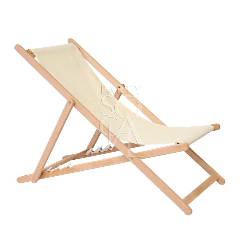 Wooden deckchair with a white fabric seat, ideal for outdoor events or beach settings, enhancing audience comfort during Party Social gatherings.