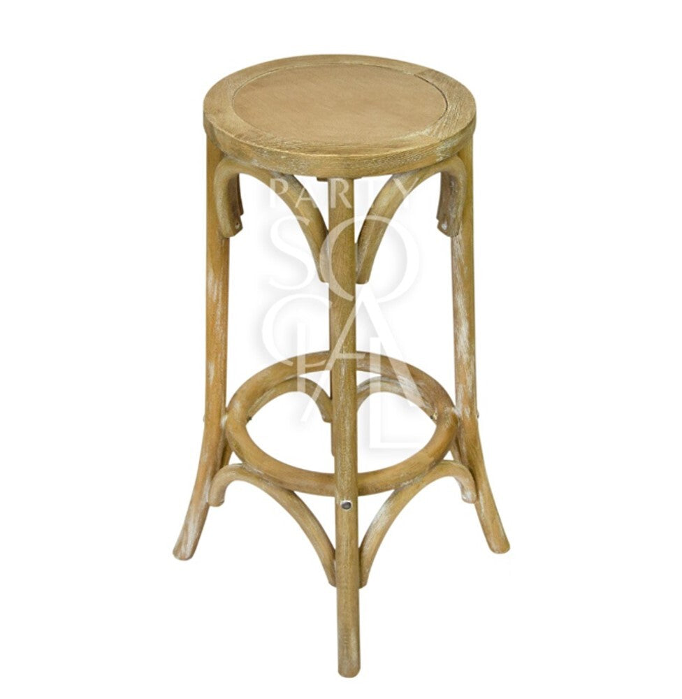 WOODEN BAR STOOL with a round oak wood top, ideal for weddings and corporate events, aligning with Party Social&