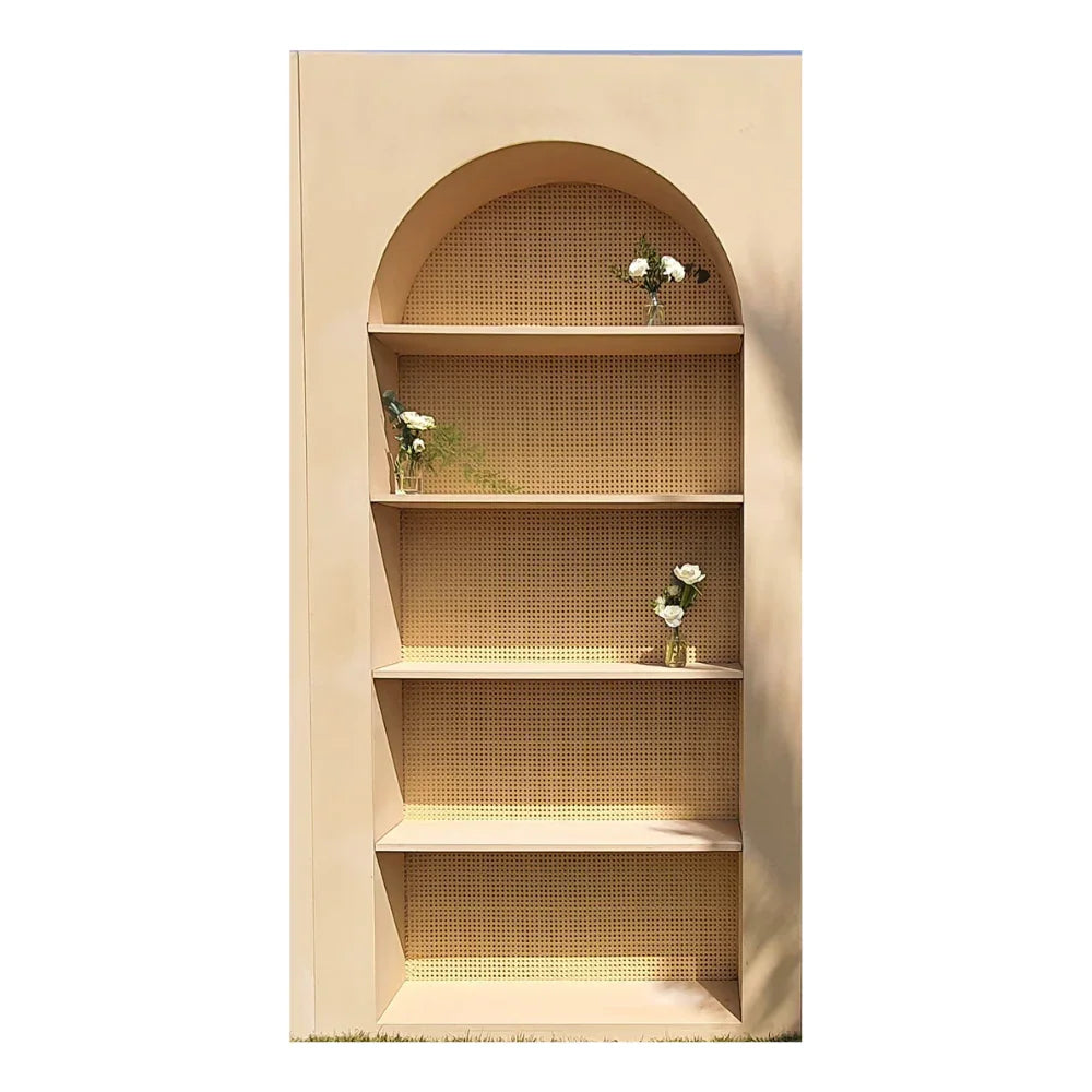 Wooden Rattan Bar Back with a wooden frame and rattan panels, ideal for displaying glassware or décor at events. Perfect for indoor and outdoor gatherings.