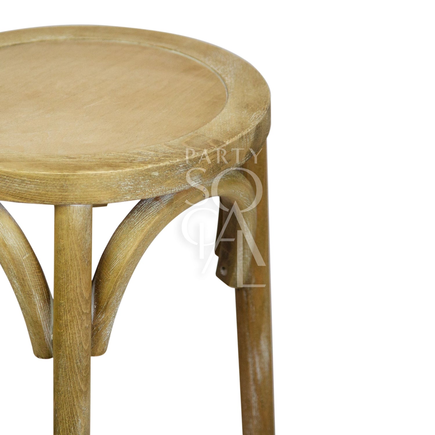 WOODEN BAR STOOL with a round seat and curved legs, crafted from oak wood, ideal for events like weddings and corporate functions.