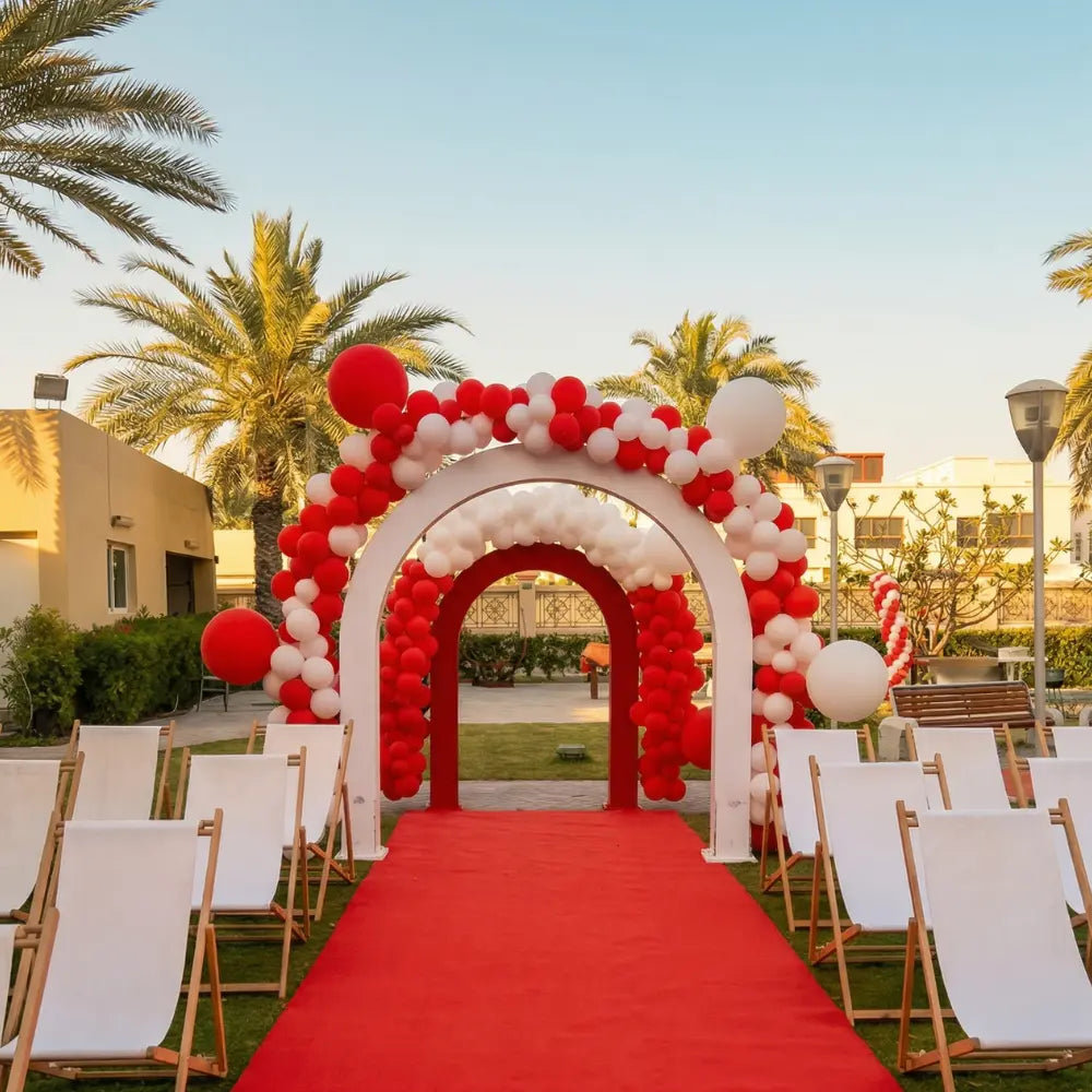 Wooden U-Shaped Backdrop set against a red carpet aisle, framed by balloon-decorated arches, ideal for event entrances or photo-ops.
