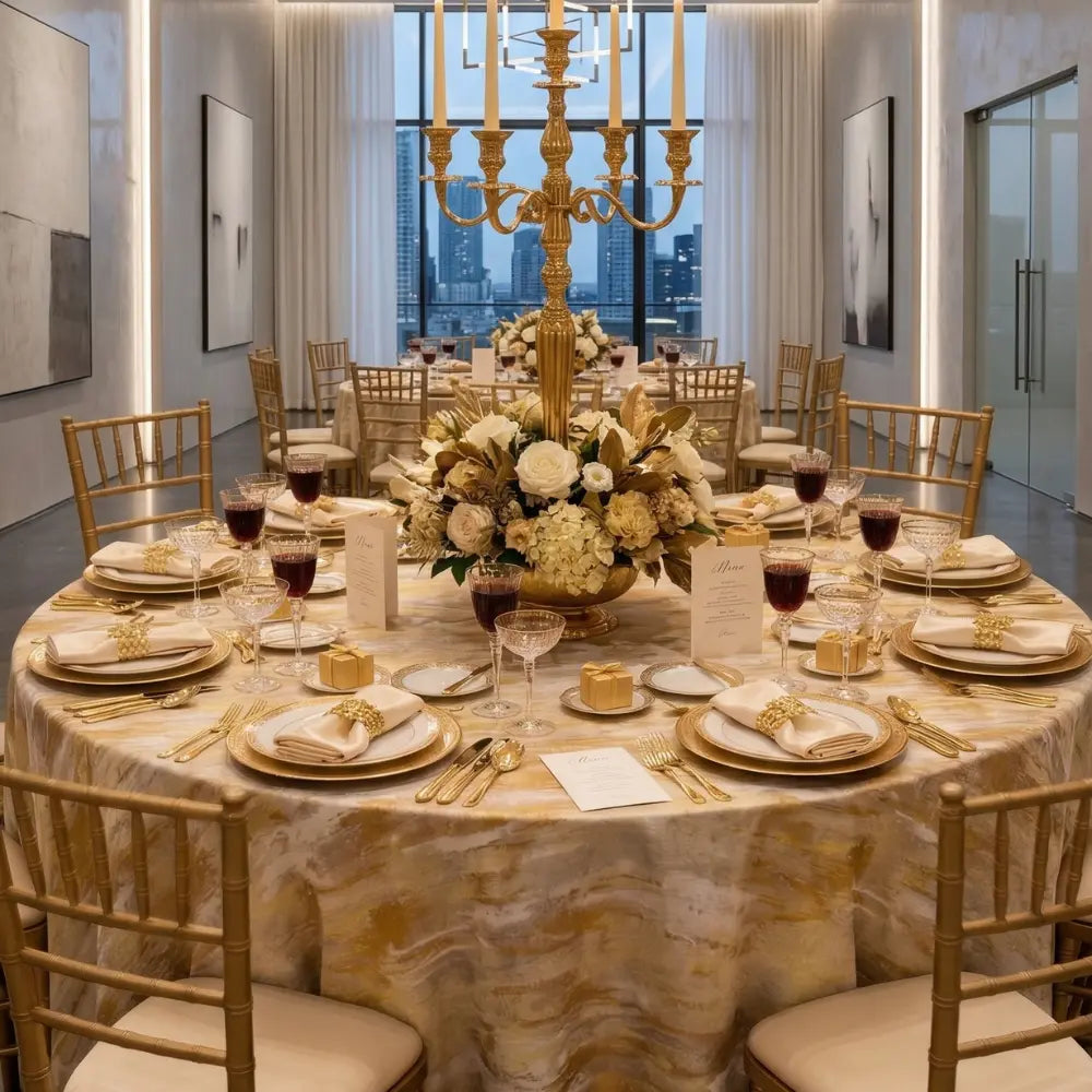 Yellow Brushed Elegance Round Tablecloth: A luxurious marbled-gold and ivory tablecloth enhances a formal banquet table with gold Chiavari chairs and elegant place settings for eight.