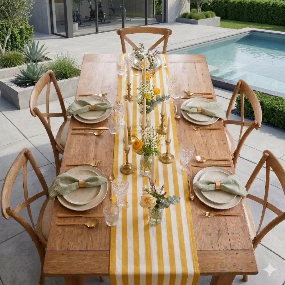 YELLOW STRIPES TABLE RUNNERS on a rustic table with elegant settings, featuring gold accents and floral arrangements, beside a pool, ideal for special occasions.