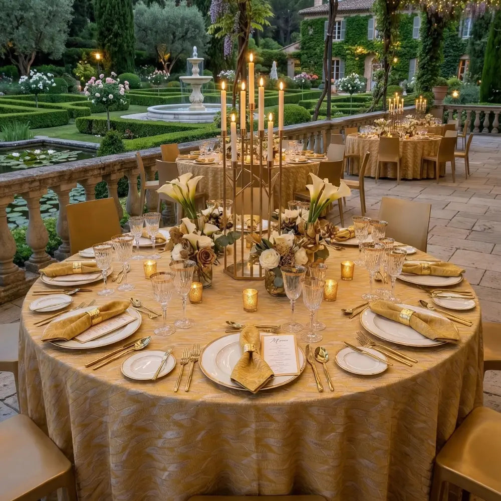 YELLOW TWIST CHEVRON TABLECLOTH elegantly drapes a round table, set with fine dining ware on a terrace overlooking manicured gardens, perfect for event celebrations.