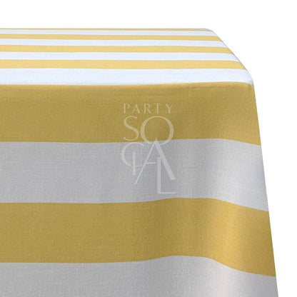 Wide stripes rectangular tablecloth in yellow and white polylinen, ideal for enhancing dining setups with a premium look. Perfect for weddings and special occasions.