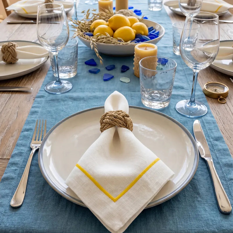 Yellow Lined Pure Linen Dinner Napkin - Set of 4
