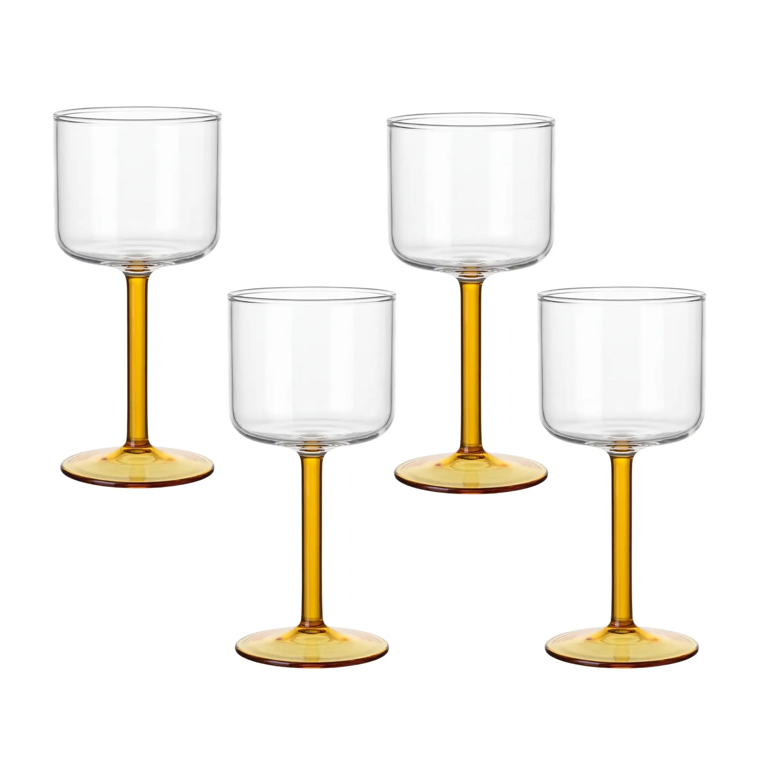 Yellow Stemmed Glass- 4 per box, featuring clear cylindrical bowls with amber stems, ideal for enhancing any event or themed dinner party with a splash of elegance.
