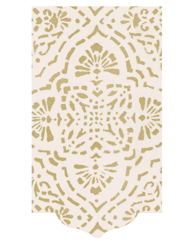 A close-up of Annika Cocktail Napkins featuring a white and gold patterned surface, adding striking design and durability to any occasion. 20 napkins per package.