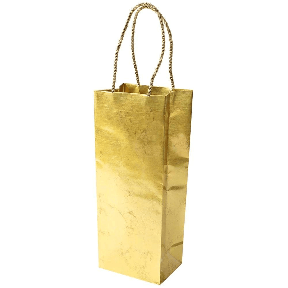 A gold bag with handles, perfect for gifting wine and bottles. Exceptional design and quality, printed on durable paper with strong handles. From Caspari&