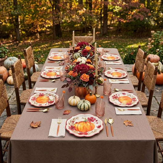 Autumn table set for eight with the Autumn Foliage tableware collection and Bella gold and red cutlery