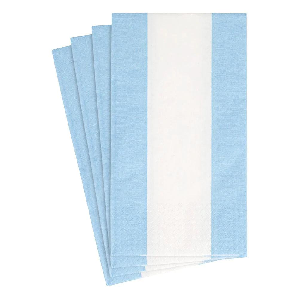 Bandol Stripe Paper Guest Towel Napkins, a stack of triple-ply napkins featuring a striking blue and white design. 15 per package.