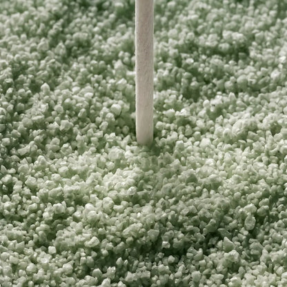 A close-up of a light sage green shag carpet with a single white stick or stick-like object standing upright in the center.