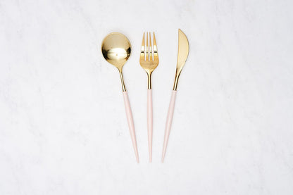 Bella Plastic Cutlery in Gold and Pink featuring a spoon, fork, and knife, showcasing a sleek modern design perfect for elevating any table setting or event.