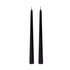 Two black taper candles standing upright side by side on a plain white background.