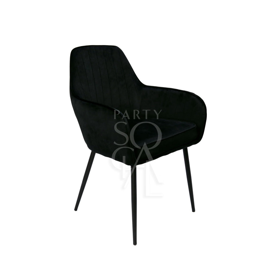 VELVET CHAIR BLACK: Modern velvet chair with black legs, ideal for weddings and events, featuring a sleek design and armrests.
