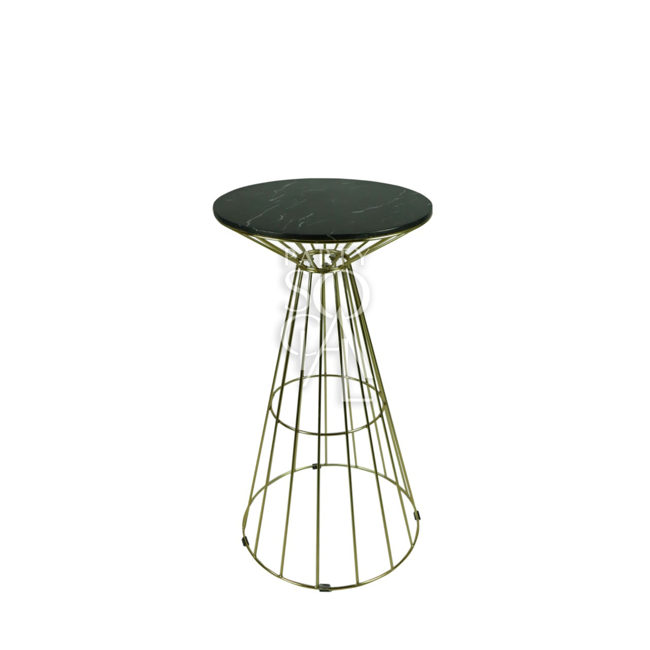 GOLD WIRE COCKTAIL TABLE-BLACK MARBLE TOP featuring a sleek black fiber surface, marble finish, and a stylish gold wire base, perfect for versatile event settings.