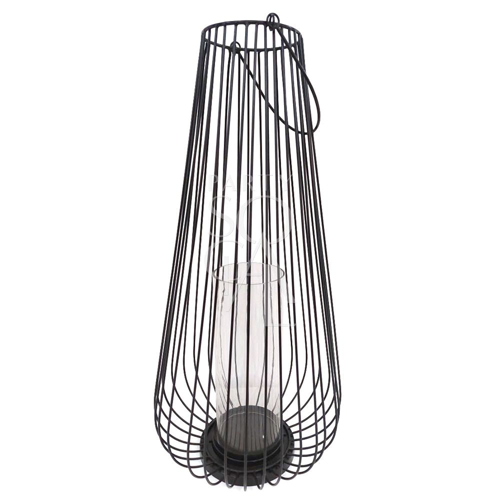 Black Wire Lantern, featuring a wire cage design with a glass insert, suitable for event decor. Available in three sizes; candles not included.