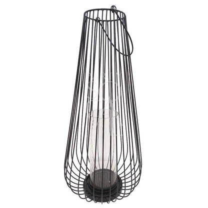 Black Wire Lantern, featuring a wire cage design with a glass insert, suitable for event decor. Available in three sizes; candles not included.