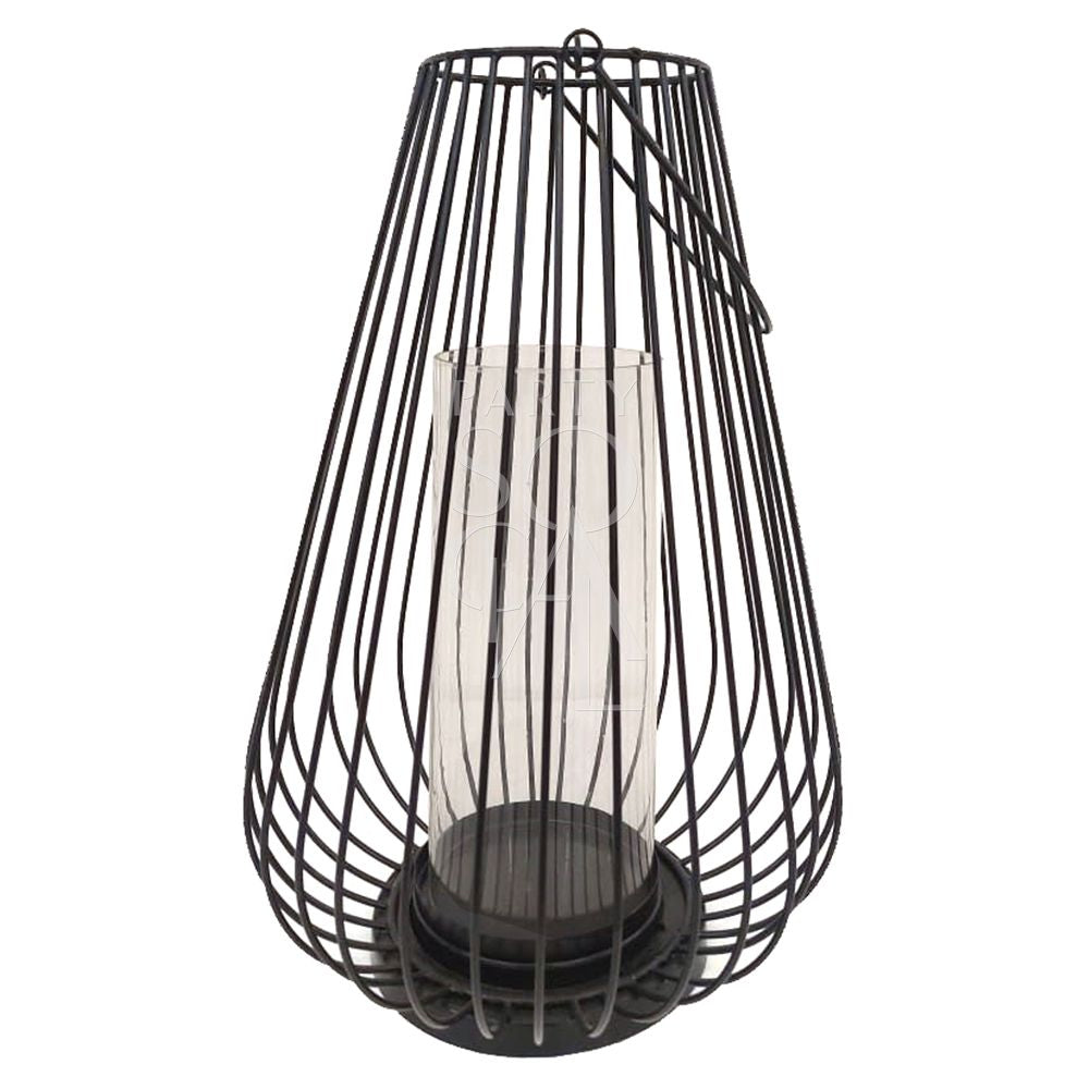 Black Wire Lanterns featuring a clear glass tube inside a black wire cage, available in three heights: 30cm, 40cm, and 60cm. Candles sold separately.