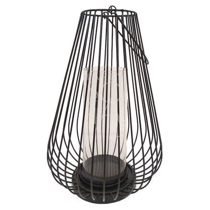 Black Wire Lanterns featuring a clear glass tube inside a black wire cage, available in three heights: 30cm, 40cm, and 60cm. Candles sold separately.