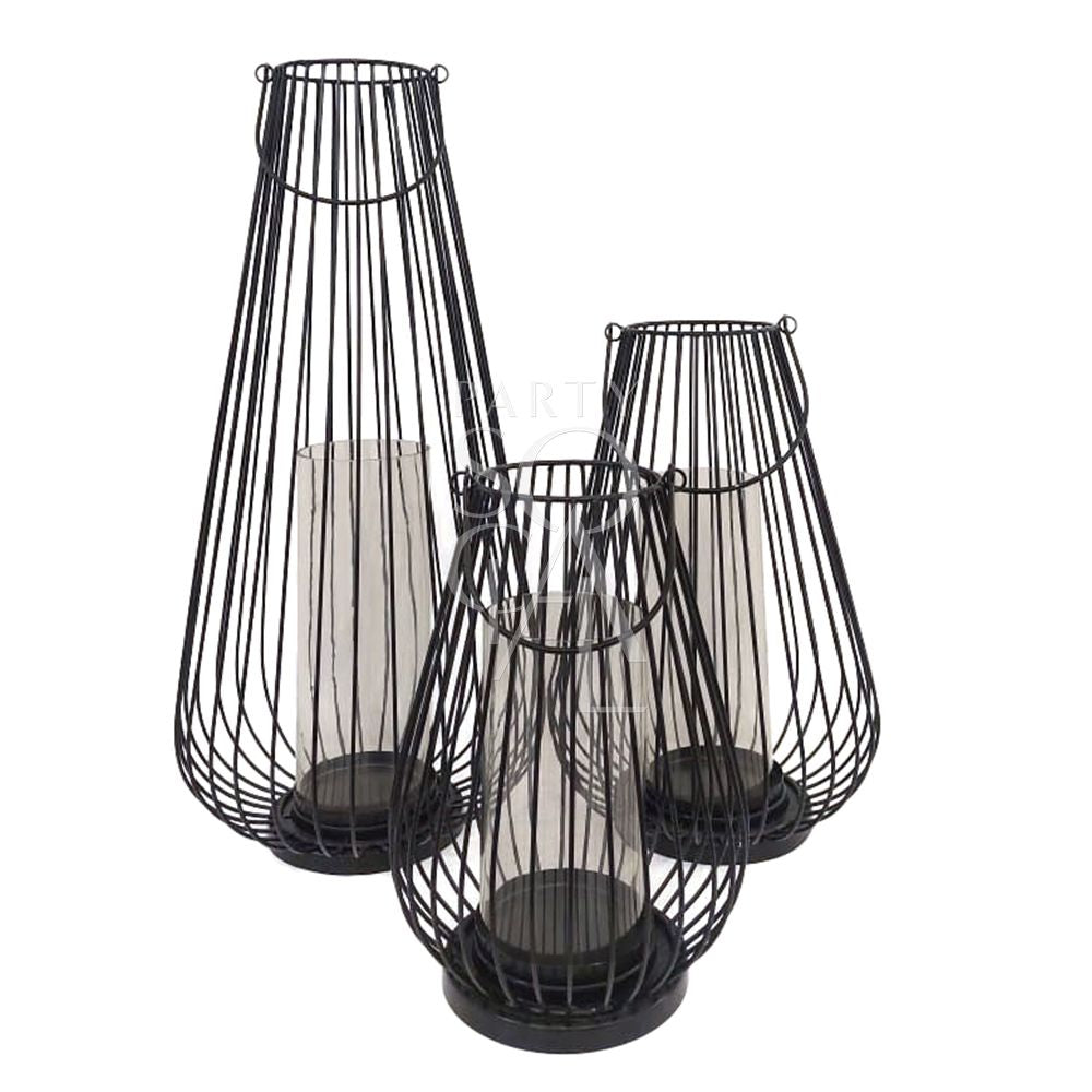 Black Wire Lanterns in various sizes, featuring clear glass holders. Ideal for event decor, candles not included. Suitable for weddings, birthdays, and special occasions.