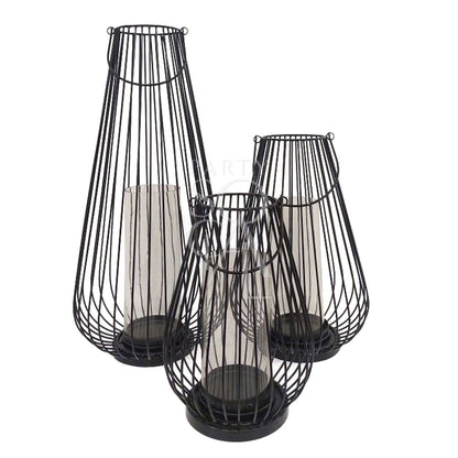 Black Wire Lanterns in various sizes, featuring clear glass holders. Ideal for event decor, candles not included. Suitable for weddings, birthdays, and special occasions.