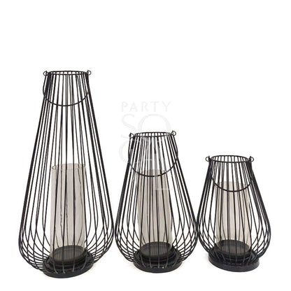 Black Wire Lanterns in various sizes, featuring intricate wire designs. Perfect for event decor. Candles not included. Available in small, medium, and large.