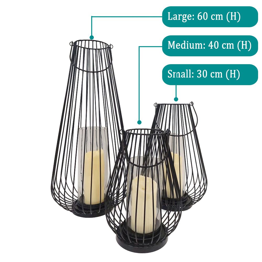 Black Wire Lanterns in wire baskets, available in small, medium, and large sizes, ideal for party and event decor. Candles not included.