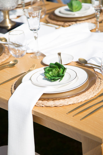 CANE PLACEMAT on a table set with plates, silverware, and a succulent, highlighting its simple design and suitability for elegant party settings.