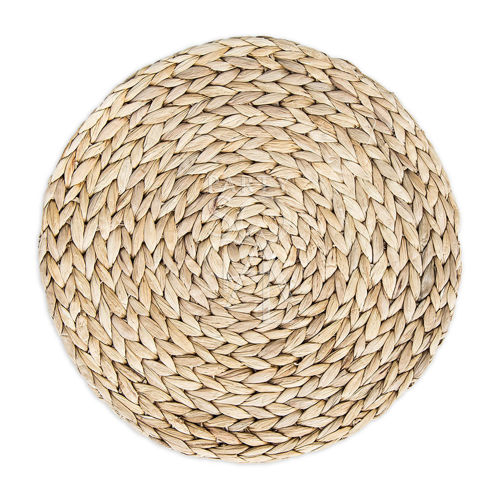 CANE PLACEMAT: Close-up of a round, woven cane placemat, measuring 38cm in diameter, ideal for enhancing any table setting.