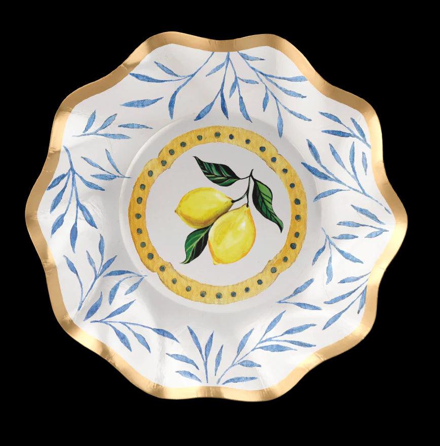 Capri Coast Paper Appetizer &amp; Dessert Bowl (8pcs), featuring ruffled foil edges with blue patterns and lemon designs, ideal for elegant events.