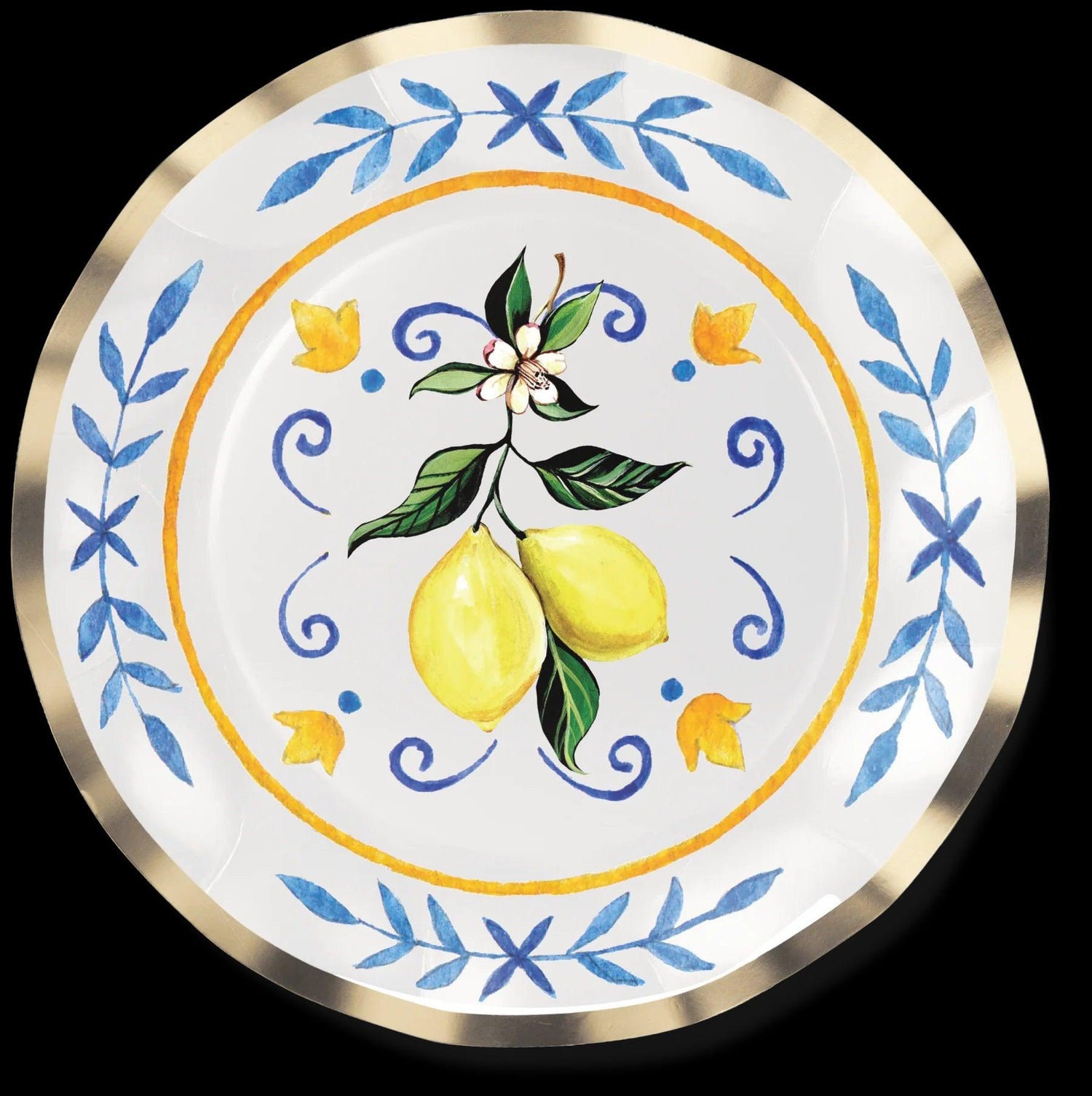 Capri Coast Paper Salad &amp; Dessert Plate (8pcs) with ruffled foil edge, featuring intricate blue patterns and painted lemons on a white background.