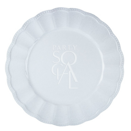 WHITE EMBOSSED-PLATES with a scalloped edge, ideal for luxurious table settings, available in various sizes for versatile use. Perfect for special occasions and events.