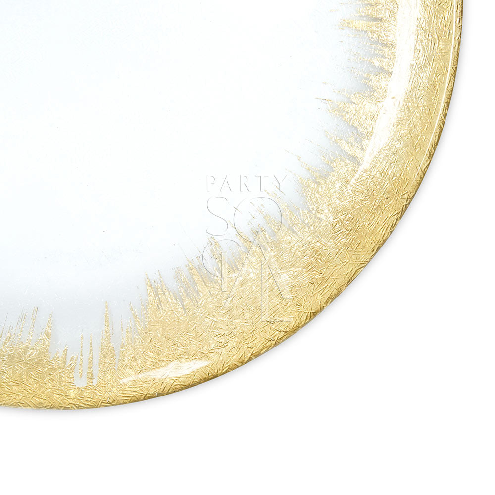 CHARGER PLATE - GOLD SKYLINE: Oval glass plate with gold skyline design on the rim, ideal for elegant table settings at events and parties.