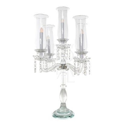 Crystal glass candelabra with multiple candles, ideal for adding elegance to event tables or consoles.