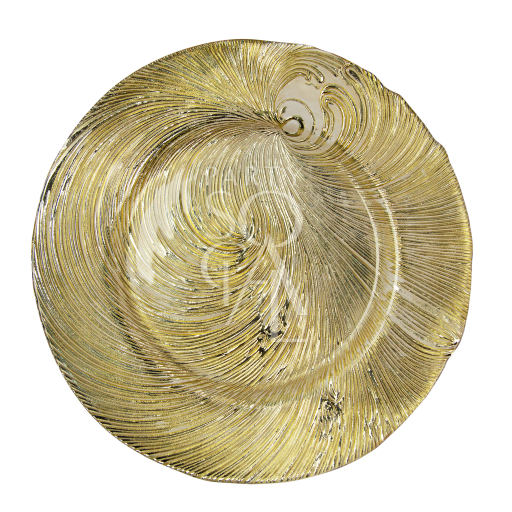 CHARGER PLATE - GOLD SWIRL features a luxurious gold plate with a modern swirl pattern, perfect for elegant table settings at events.