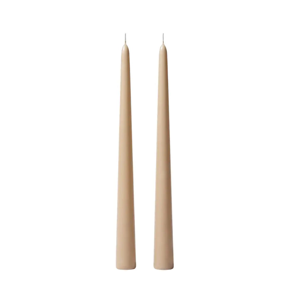 Two slim taper candles in a warm beige color, standing upright side by side on a plain white background.