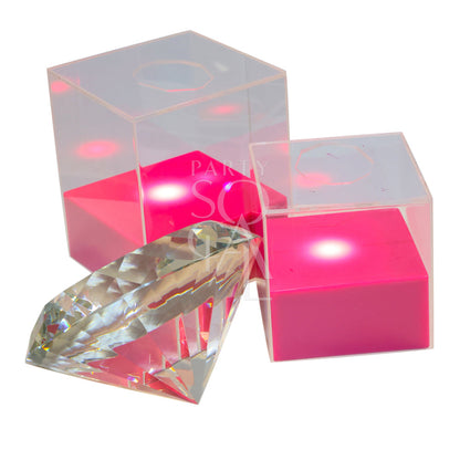 Diamond centerpiece featuring a large diamond within pink and clear cubes, ideal for elegant event decorations. Dimensions: 39cm H x 14.5cm Dia.