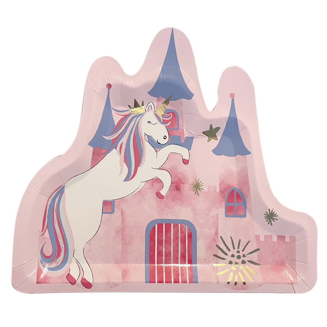 A whimsical Dreams Come True Paper Dinner Plate featuring a castle-shaped design with a majestic unicorn. Perfect for adding elegance to any event. From Party Social, your go-to for party supplies.