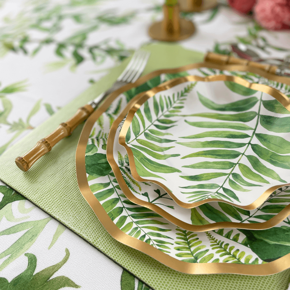 Fern & Foliage Paper Salad & Dessert Plate-8 Per Package by Party Social: Elegant paper plates with green ferns and gold foil trim. Perfect for events.