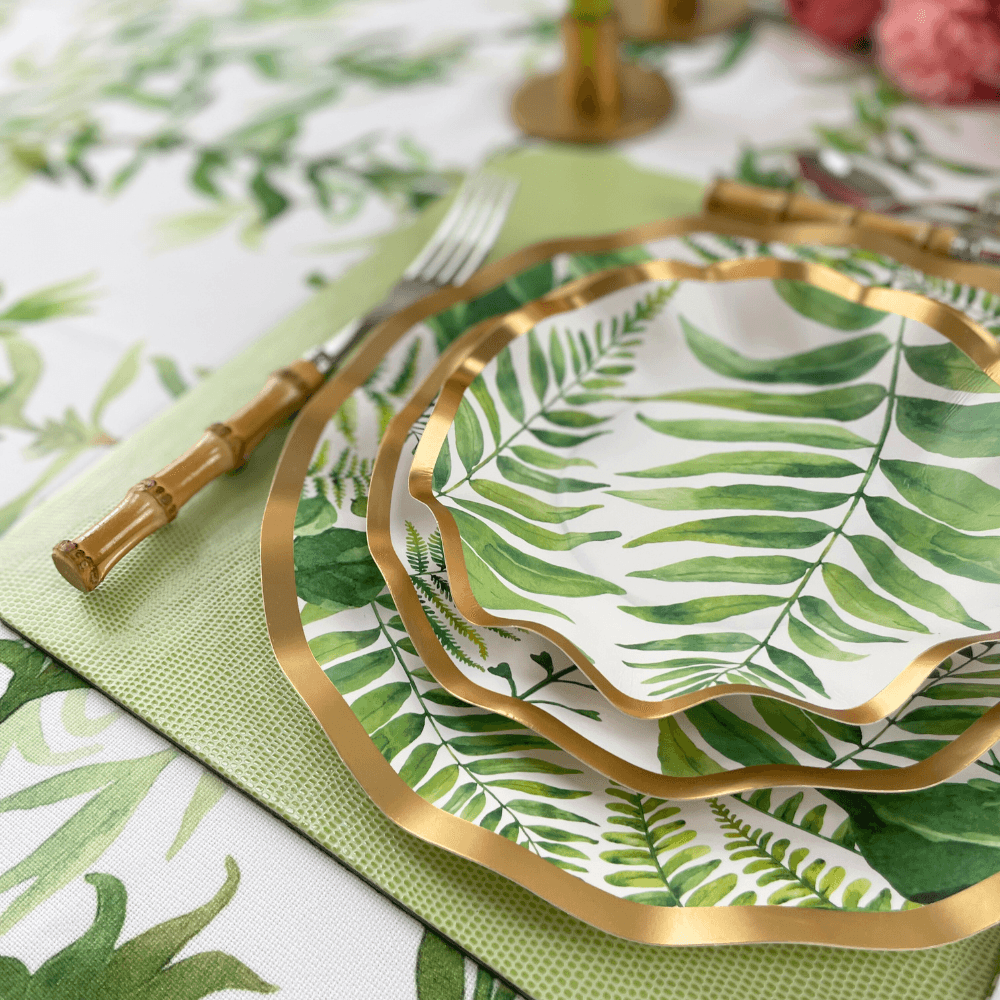 Fern &amp; Foliage Paper Salad &amp; Dessert Plate-8 Per Package by Party Social: Elegant paper plates with green ferns and gold foil trim. Perfect for events.