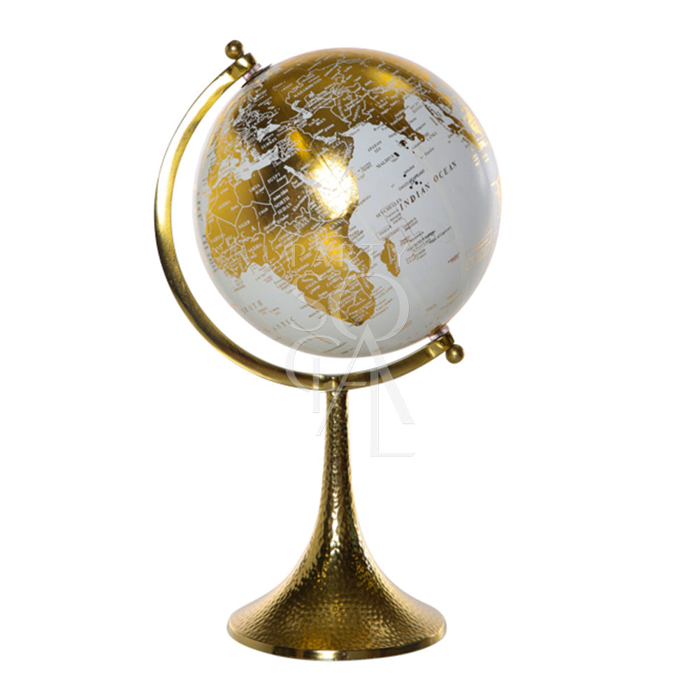 Globe Centerpiece, a gold and white spherical decor piece, ideal for corporate event settings. Measures 39cm in height and 14.5cm in diameter.