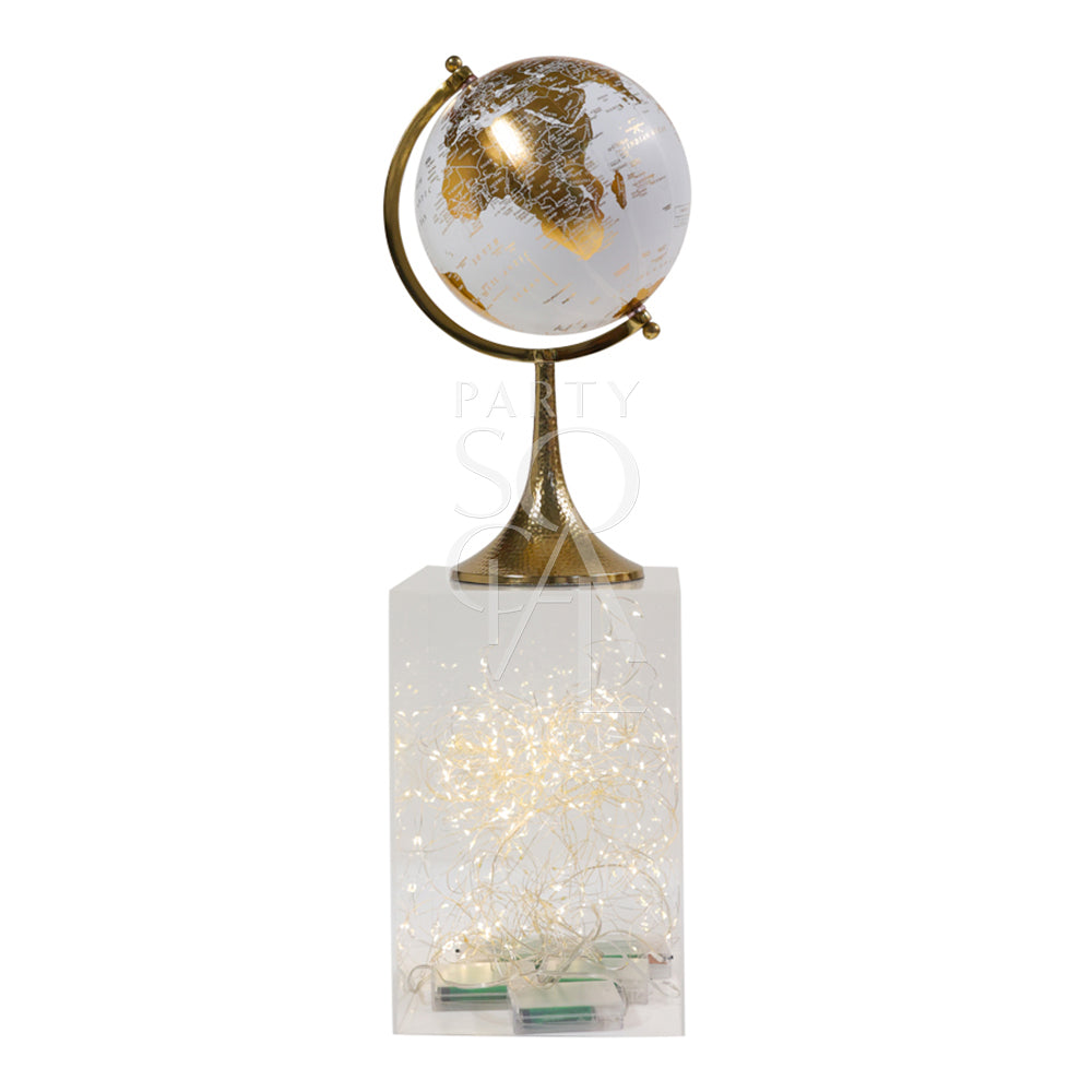 GLOBE CENTERPIECE on a pedestal with integrated lights, ideal for elegant event decorations. Perfect for corporate gatherings, measuring 39cm height and 14.5cm diameter.