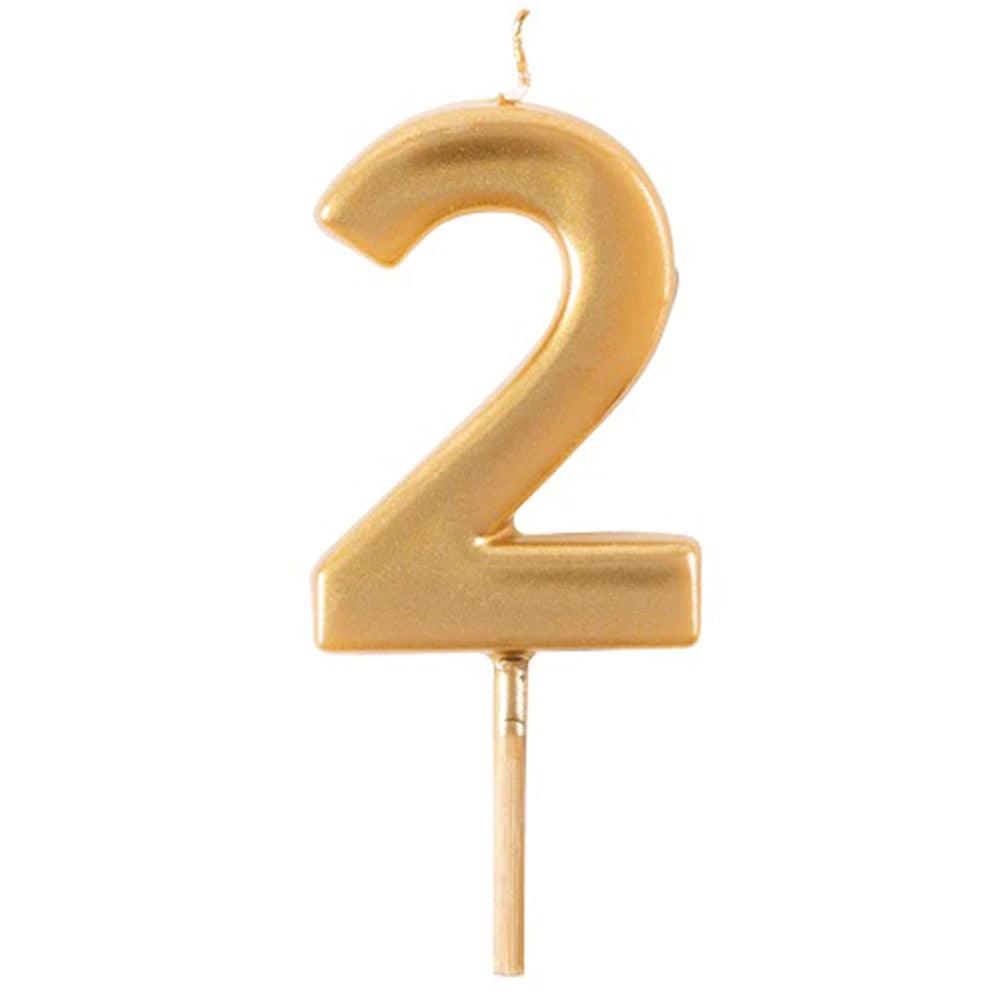 Gold candle number 2 on stick, perfect for birthdays and special occasions.